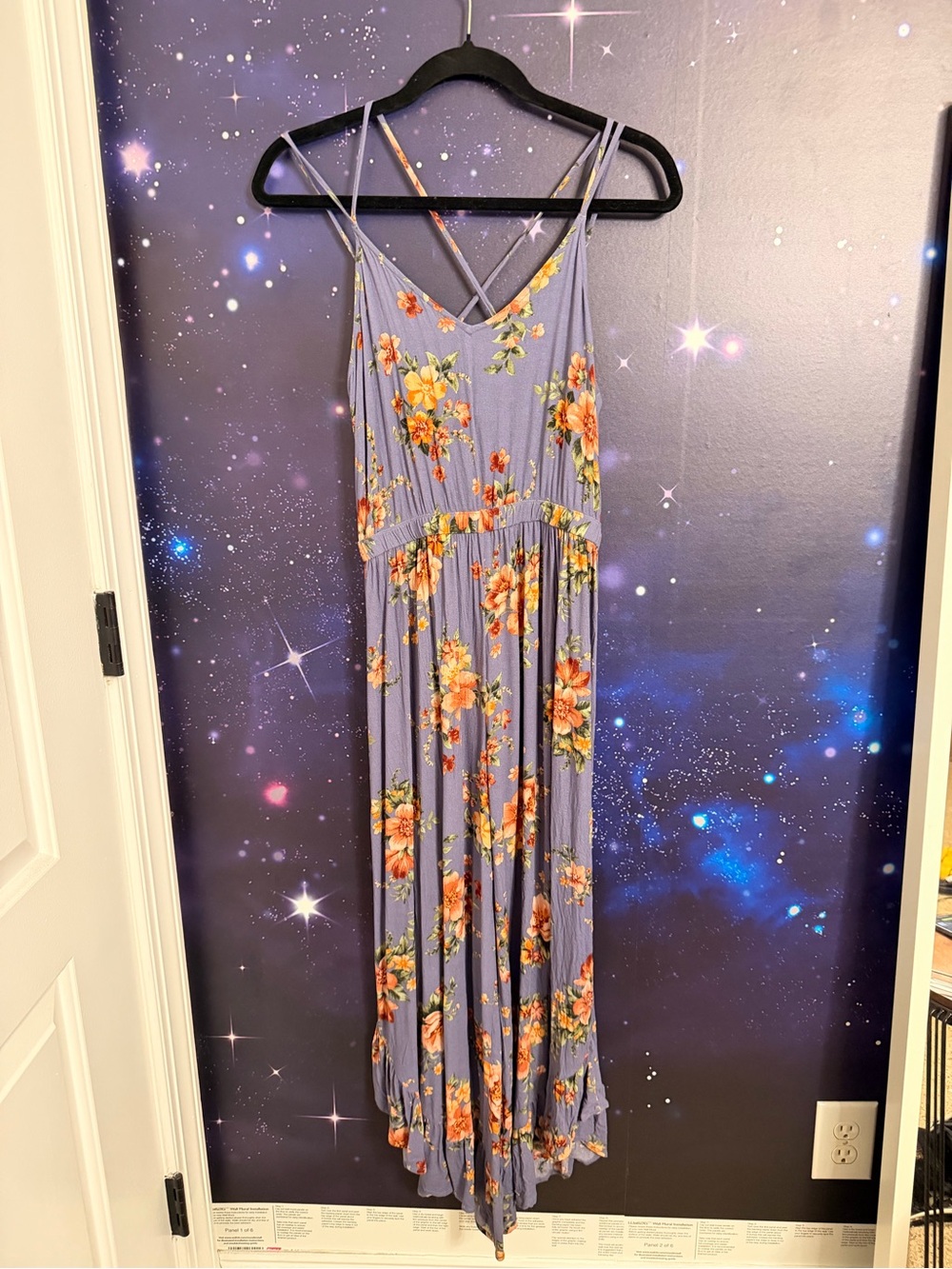 American Eagle Outfitters Lavender Romper with Orange Floral, Ruffle hem